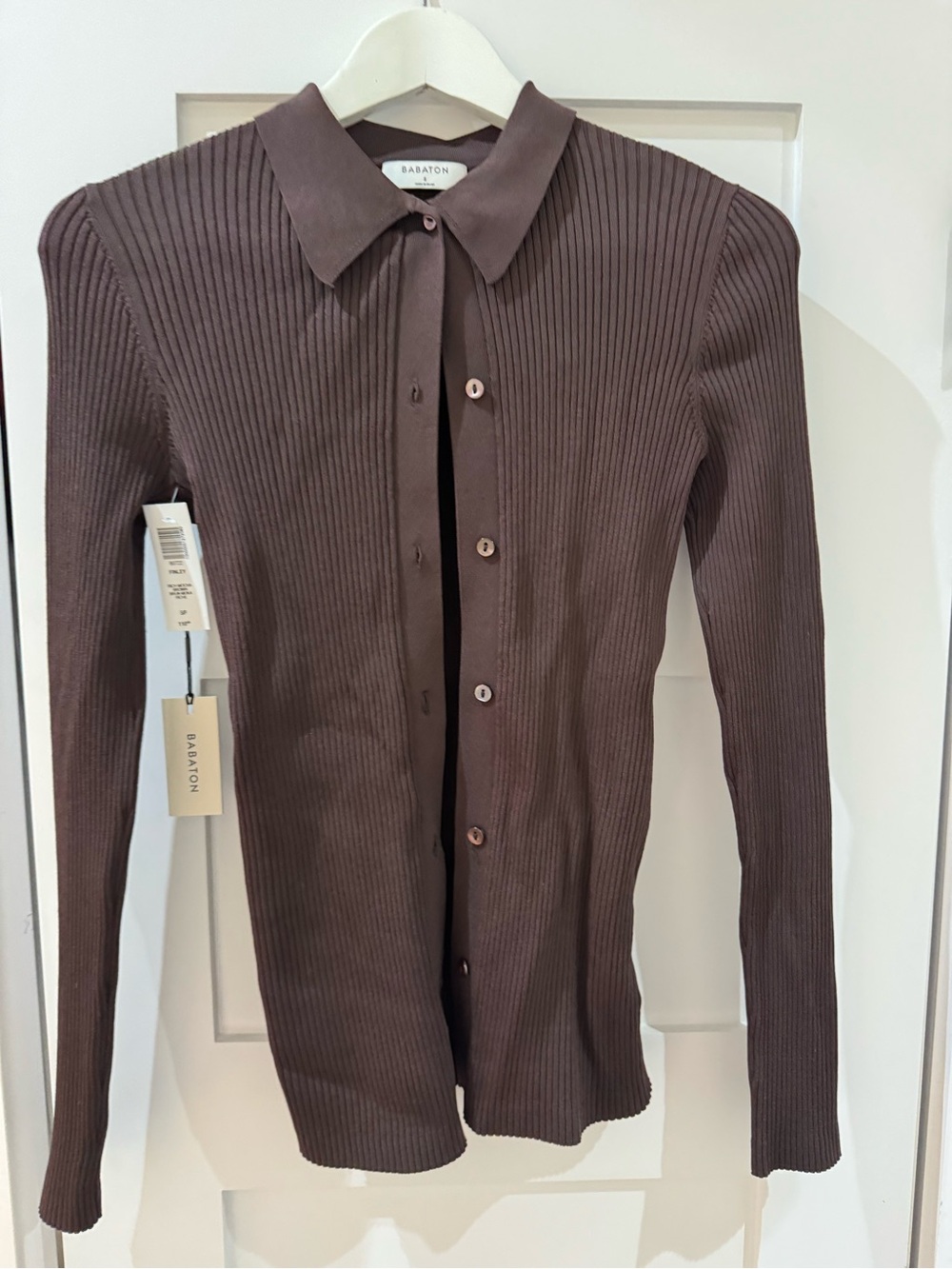 Babaton Chocolate Brown Ribbed Button-Down Knit Top